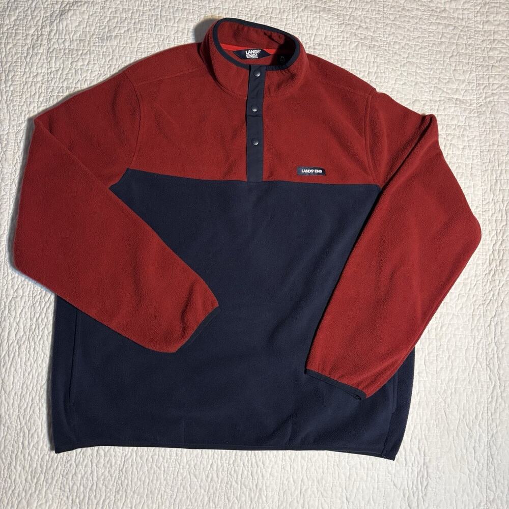 Lands' End Men's XL Heritage Colorblock Snap Neck Fleece Pullover Red Navy Blue